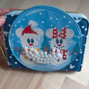 Loungefly Disney Snowman Mickey & Minnie Mouse Snow Globe Zip Around Wallet NWT